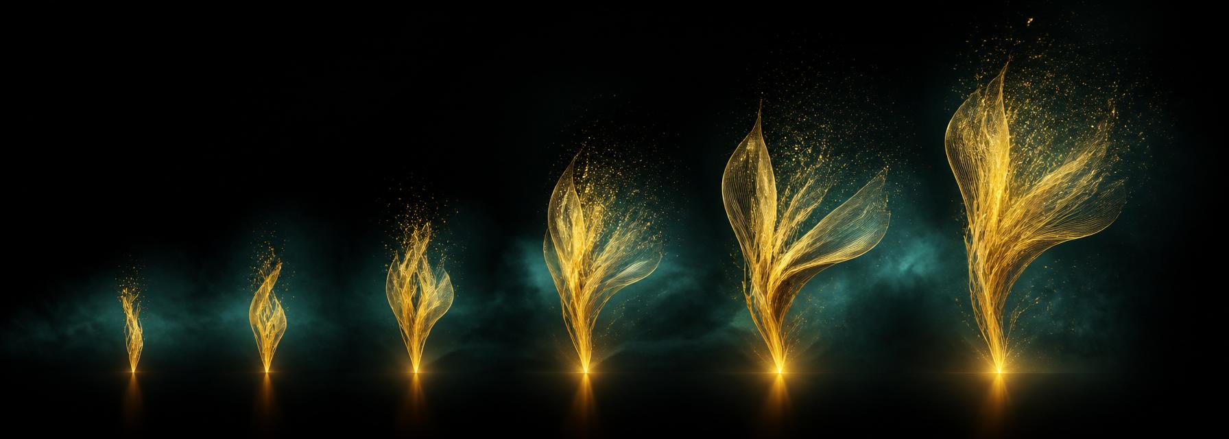 Six luminous golden threads rising in sequence — the stages of the journey