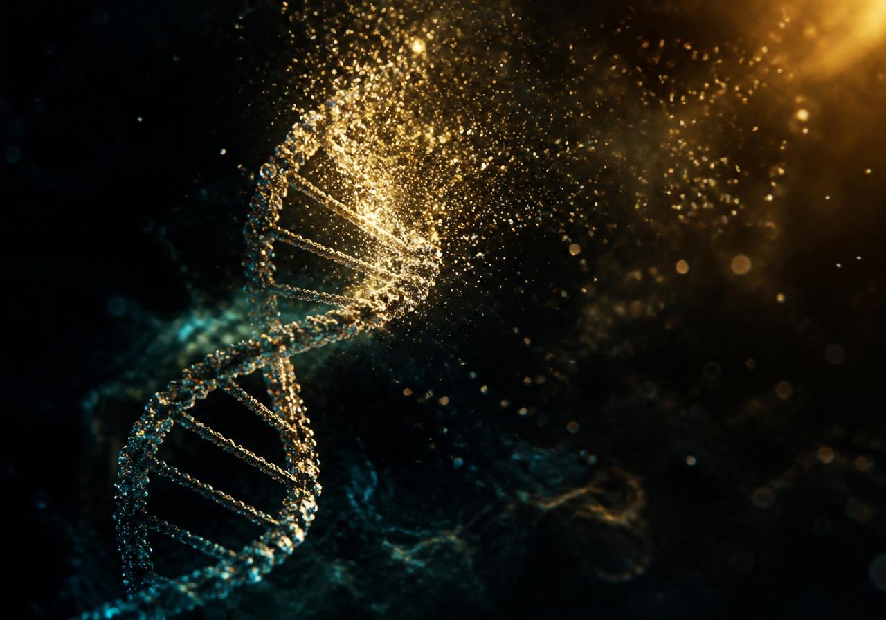 A glowing double-helix dissolving into golden light — the developmental biology within us