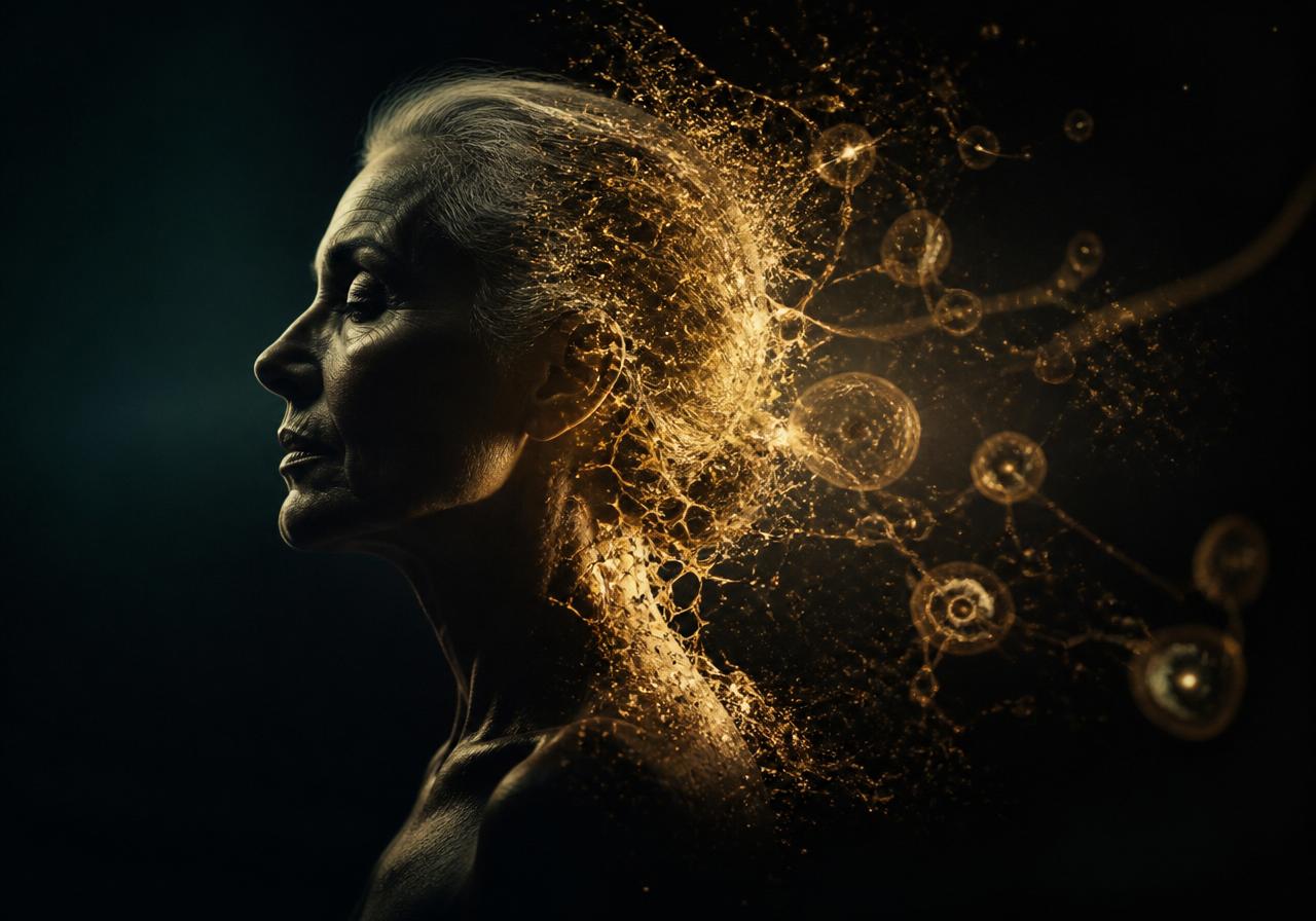 A serene figure dissolving into golden cellular light — remembered vitality