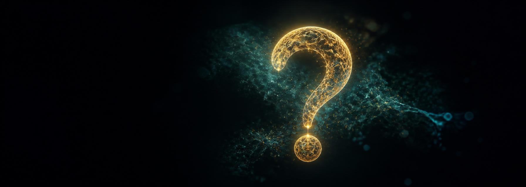 A glowing question mark formed from golden cellular filaments — a different question